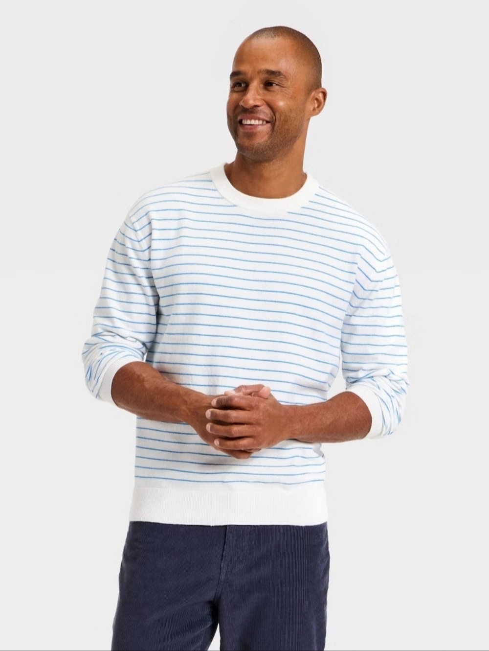Men's Soft Knit Crewneck Sweater - Goodfellow & Co White/Blue Striped L
